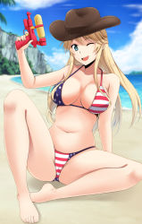 Rule 34 | 1girl, american flag bikini, barefoot, beach, bikini, blonde hair, blue eyes, blue sky, breasts, brown hat, cloud, collarbone, cowboy hat, day, feet, female focus, flag print, full body, fuuma nagi, hat, highres, iowa (kancolle), kantai collection, large breasts, long hair, looking at viewer, navel, one eye closed, open mouth, outdoors, sitting, sky, smile, solo, star-shaped pupils, star (symbol), super soaker, swimsuit, symbol-shaped pupils, toes, water gun, wink
