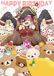 Rule 34 | 1girl, :d, ascot, bad id, bad pixiv id, bicorne, black coat, blush, bodystocking, breasts, brown thighhighs, coat, dated, english text, eyepatch, eyewear on headwear, facing viewer, feet out of frame, happy birthday, hat, hololive, houshou marine, large breasts, leotard, leotard under clothes, long sleeves, mizuryu kei, open clothes, open coat, open mouth, pirate hat, red ascot, red hair, rilakkuma, see-through, see-through leotard, signature, sitting, sleeves past fingers, sleeves past wrists, smile, solo, spread legs, stuffed animal, stuffed toy, teddy bear, thighhighs, twintails, virtual youtuber