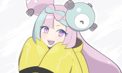 Rule 34 | 1girl, :d, character hair ornament, commentary request, creatures (company), game freak, green hair, hair ornament, hands up, happy, highres, iono (pokemon), jacket, long hair, looking at viewer, nintendo, open mouth, pokemon, pokemon sv, purple eyes, purple hair, smile, solo, teeth, tongue, upper body, upper teeth only, yahishi11, yellow jacket
