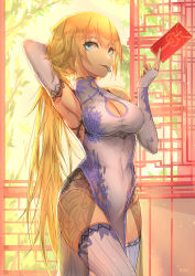 Rule 34 | 1girl, alternate costume, architecture, arm behind head, armpits, blonde hair, blue eyes, breasts, china dress, chinese clothes, cleavage cutout, clothing cutout, cowboy shot, dress, east asian architecture, elbow gloves, fate/grand order, fate (series), fingerless gloves, gloves, holding, jeanne d&#039;arc (fate), jeanne d&#039;arc (ruler) (fate), large breasts, long hair, mouth hold, pelvic curtain, sleeveless, sleeveless dress, solo, thighhighs, very long hair, weyas kayur, white dress, white gloves, white thighhighs