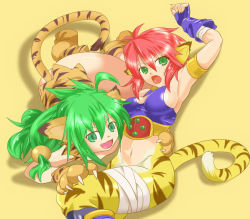 Rule 34 | 2girls, animal ears, animal hands, animal print, atm (samuraiedge), breath of fire, breath of fire ii, capcom, cham cham, crossover, fang, gloves, green eyes, green hair, multiple girls, paw gloves, paw shoes, red hair, rinpoo chuan, samurai spirits, shoes, snk, tail, tiger ears, tiger paws, tiger print, tiger tail