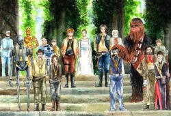 Rule 34 | alternate universe, baze, beard, bodhi rook, c-3po, cassian andor, chewbacca, chirrut imwe, coat, everyone, facial hair, good end, grass, han solo, hat, helmet, highres, jyn erso, k-2so, looking at viewer, luke skywalker, medal, military, military uniform, old, princess leia organa solo, r2-d2, rebel alliance, robot, rogue one: a star wars story, science fiction, soldier, spoilers, staff, star wars, temple, uniform
