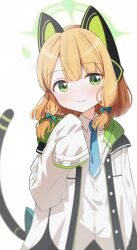 1girl absurdres animal_ear_headphones animal_ears blonde_hair blue_archive blue_necktie blurry blush bow cat_ear_headphones cat_tail closed_mouth collared_shirt depth_of_field fake_animal_ears green_bow green_eyes green_halo halo headphones heart highres jacket kutzuha long_sleeves looking_at_viewer low-tied_sidelocks midori_(blue_archive) necktie shirt signature sleeves_past_fingers sleeves_past_wrists smile solo tail upper_body white_background white_jacket white_shirt