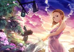 Rule 34 | 1girl, backlighting, bare shoulders, blz, bow, breasts, brown hair, building, camisole, closed mouth, cloud, cloudy sky, evening, flower, highres, holding, holding umbrella, idolmaster, looking to the side, medium breasts, outdoors, pink camisole, pink flower, red eyes, road sign, seki hiromi, sign, sky, solo, standing, traffic light, transparent, transparent umbrella, tree, umbrella, wavy hair
