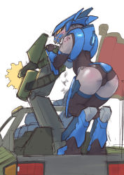 Rule 34 | 1girl, alien, animification, armor, ass, black leotard, car, colored sclera, firing, flag, halo (series), halo 3, highres, leotard, looking back, military truck, military vehicle, motor vehicle, no humans, orange eyes, orange sclera, sangheili, sat-v12, science fiction, skindentation, solo, sports utility vehicle, thighhighs, truck, turret, warthog (halo)