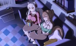 Rule 34 | 2girls, :q, absurdres, animal ears, bare legs, bare shoulders, blush, book, bra strap, breasts, brown eyes, brown hair, bucket, commission, controller, couch, crop top, food, green shirt, hair intakes, highres, holding, holding bucket, holding controller, ia (ias1010), indoors, large breasts, long hair, midriff, multiple girls, off-shoulder shirt, off shoulder, original, park bokja, pillow, ponytail, popcorn, red shirt, riss, second-party source, shirt, short sleeves, sitting, slippers, smile, tail, thighs, tongue, tongue out, white hair