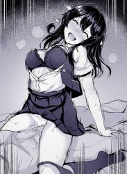 Rule 34 | 1boy, 1girl, assertive female, blush, bra, breasts, closed eyes, clothed female nude male, clothed sex, cowgirl position, female pubic hair, girl on top, hair ornament, hairclip, heart, hetero, highres, interstellar, kantai collection, kneehighs, long hair, monochrome, motion lines, nude, open mouth, oyashio (kancolle), oyashio kai ni (kancolle), panties, panties around leg, pleated skirt, pubic hair, pussy juice, saliva, sex, shirt, short sleeves, skirt, socks, solo focus, spread legs, straddling, sweat, torogao, underwear, vaginal, vest
