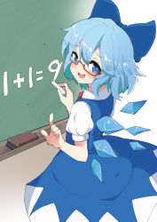 Rule 34 | 1girl, bespectacled, blue bow, blue dress, blue eyes, blue hair, bow, chalk, chalkboard, cirno, dress, from behind, glasses, hair bow, highres, ice, ice wings, looking at viewer, looking back, noa (nagareboshi), open mouth, red-framed eyewear, semi-rimless eyewear, short hair, short sleeves, smile, solo, teeth, touhou, under-rim eyewear, upper teeth only, wings