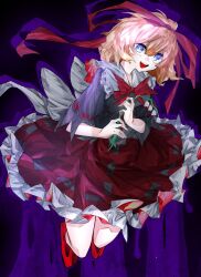 Rule 34 | 1girl, alt text, black shirt, blue eyes, commentary, flower, full body, hair ribbon, highres, holding, holding flower, lily of the valley, medicine melancholy, open mouth, red footwear, red ribbon, ribbon, ribbon-trimmed skirt, ribbon trim, shirt, short sleeves, solo, teeth, touhou, upper teeth only, vivo (vivo sun 0222), white flower