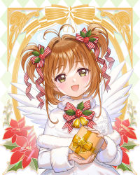 Rule 34 | 1girl, :d, antenna hair, blush, bow, box, brown hair, cardcaptor sakura, christmas, commentary, dress, floral print, flower, fur-trimmed dress, fur collar, fur trim, gift, gift box, green eyes, hair bow, hair ornament, hair ribbon, hat, highres, holding, kimopoleis, kinomoto sakura, long sleeves, looking at viewer, magical girl, open mouth, red flower, ribbon, short hair, smile, solo, striped bow, striped neckwear, striped ribbon, two side up, upper body, white dress, white wings, wings