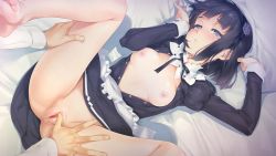 Rule 34 | 1boy, 1girl, apron, barefoot, bed sheet, bishoujo mangekyou, black eyes, black hair, blush, bottomless, breasts, dorothy (bishoujo mangekyou), feet, flower, game cg, hair flower, hair ornament, hairband, happoubi jin, lying, medium breasts, nipples, on back, open mouth, puffy sleeves, pussy, pussy juice, short hair, spread legs, toes, unbuttoned, uncensored, waist apron