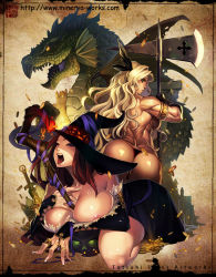 Rule 34 | 2girls, amazon (dragon&#039;s crown), areola slip, armlet, armor, ass, axe, back, bare shoulders, between breasts, bikini armor, blonde hair, blush, boots, breasts, brown hair, cleavage, coin, crown, detached sleeves, dragon, dragon&#039;s crown, dress, feathers, from behind, green eyes, halberd, hand on own chest, hat, jewelry, large breasts, looking back, multiple girls, muscular, muscular female, open mouth, piercing, polearm, purple eyes, ring, saliva, saliva trail, sayo tanku, sorceress (dragon&#039;s crown), squatting, staff, strapless, strapless dress, sword, tongue, tongue piercing, weapon, wings, witch hat