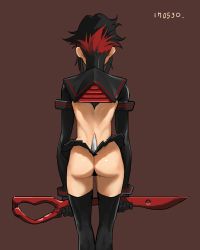 Rule 34 | 1girl, ass, black gloves, black hair, dated, from behind, gloves, highres, hong doo, kill la kill, matoi ryuuko, multicolored hair, red background, red hair, revealing clothes, scissor blade (kill la kill), short hair, sidelocks, simple background, solo, thighhighs, two-tone hair