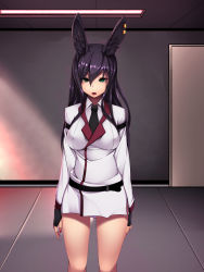 Rule 34 | 1girl, animal ears, belt, breasts, door, covered erect nipples, fingerless gloves, gloves, green eyes, highres, large breasts, legs, long hair, long sleeves, looking at viewer, miyashiro nana-san yonban, mole, nail polish, necktie, original, parted lips, purple hair, rabbit silence, red nails, serious, simple background, skirt, solo, standing, thighs, uniform