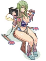 Rule 34 | 00s, 1girl, amami amayu, breasts, cleavage, death note, death note (object), elbow gloves, fingerless gloves, gloves, green eyes, green hair, large breasts, matching hair/eyes, midriff, ragnarok online, sage (ragnarok online), solo, thighs