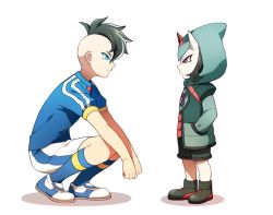 Rule 34 | 10s, 2boys, amoheavell, bad id, bad pixiv id, blue eyes, brown hair, crossover, fudou akio, hands in pockets, height difference, horns, inazuma eleven, inazuma eleven (series), inazuma eleven go, inazuma eleven go galaxy, inazuma japan, male focus, mio (jian wei), mohawk, multicolored hair, multiple boys, red eyes, rodan gasugusu, simple background, soccer uniform, sportswear, squatting, standing, time paradox, two-tone hair, white background, white hair