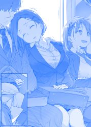 Rule 34 | 1boy, 2girls, :d, :o, ai-chan (tawawa), bag, blue theme, braid, breasts, buttons, chair, cleavage, closed eyes, closed mouth, collared shirt, comic, downblouse, formal, from above, getsuyoubi no tawawa, hair ornament, hair over eyes, hairclip, handbag, head tilt, himura kiseki, inset, jacket, kouhai-chan (tawawa), large breasts, long sleeves, mole, mole under eye, monochrome, motion blur, motion lines, multiple girls, necktie, on lap, open mouth, original, pantyhose, parted lips, pencil skirt, shirt, short hair, side braid, silent comic, single braid, sitting, skirt, skirt suit, sleeping, sleeping upright, smile, suit, sweatdrop, train, train interior, window, wing collar, zipper