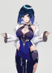 Rule 34 | 1girl, absurdres, blue hair, blush, breasts, cleavage, cowboy shot, fur collar, fur trim, genshin impact, green eyes, grey background, hands up, highres, jacket, large breasts, long sleeves, looking at viewer, maanu, parted lips, short hair, simple background, smile, solo, white jacket, wide sleeves, yelan (genshin impact)