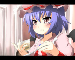 Rule 34 | 1girl, bad id, bad pixiv id, blue hair, blush, brown eyes, fang, female focus, food, food on face, hat, letterboxed, pudding, remilia scarlet, solo, spoon, touhou, ukami, wings