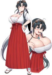 Rule 34 | 1girl, ahoge, bare shoulders, black hair, breasts, breasts squeezed together, chest sarashi, cleavage, collarbone, full body, goggles, goggles on head, grey eyes, hair between eyes, hands on own hips, highres, huge breasts, japanese clothes, jewelry, long skirt, looking at viewer, miko, multiple views, narodenden, necklace, ponytail, projected inset, robe, sandals, sarashi, sengoku ace, sidelocks, simple background, skindentation, skirt, smile, socks, solo, togashi koyori, white background, white robe, white socks, zouri