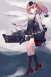 Rule 34 | 1girl, absurdres, anchor, anchor hair ornament, atlanta (kancolle), black footwear, black hat, black skirt, boots, bra visible through clothes, breasts, brown hair, cannon, commentary request, dress shirt, earrings, full body, garrison cap, garter straps, gloves, grey eyes, hair ornament, hat, headgear, high-waist skirt, high heel boots, high heels, highres, jewelry, kantai collection, large breasts, long hair, long sleeves, machinery, medara, ocean, outdoors, partially fingerless gloves, rigging, rudder footwear, shirt, skirt, solo, standing, standing on liquid, star (symbol), star earrings, suspender skirt, suspenders, thigh strap, torpedo, torpedo tubes, turret, two side up, water, white gloves, white shirt