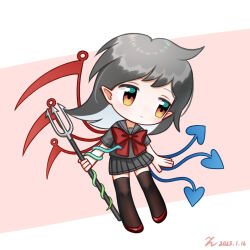 Rule 34 | 1girl, alternate costume, alternate eye color, asymmetrical wings, black thighhighs, blue wings, blush, bow, bowtie, brown eyes, chibi, chinese commentary, closed mouth, commentary request, dated, expressionless, full body, grey hair, grey serafuku, grey shirt, grey skirt, highres, holding, holding polearm, holding weapon, houjuu nue, kiri (maoxianjiu), looking afar, medium hair, pink background, pleated skirt, pointy ears, polearm, red bow, red bowtie, red footwear, red wings, school uniform, serafuku, shirt, short sleeves, skirt, snake, solo, thighhighs, touhou, trident, two-tone background, weapon, white background, wings