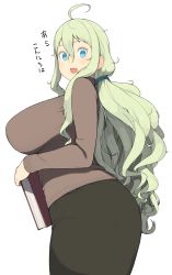 Rule 34 | 1girl, @ @, accio, ahoge, ass, bad id, bad pixiv id, blue eyes, blush, breasts, green hair, highres, huge breasts, long hair, looking back, open mouth, original, pantylines, pencil skirt, profile, simple background, skirt, solo, sweater, translated, uneri spirala, very long hair, wavy hair, white background