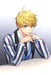Rule 34 | 1boy, arthur pendragon (fate), arthur pendragon (formal dress) (fate), black necktie, blonde hair, collared shirt, elbows on table, fate/grand order, fate (series), gradient background, green eyes, hands up, jacket, kangetsu (fhalei), long sleeves, looking at viewer, male focus, necktie, own hands together, parted lips, shirt, smile, solo, white shirt, wing collar