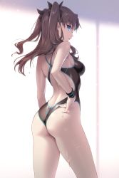 Rule 34 | 1girl, absurdres, adjusting clothes, adjusting swimsuit, ass, back, black one-piece swimsuit, black ribbon, blue eyes, brown hair, commentary request, competition swimsuit, fate/stay night, fate (series), floating hair, from side, gomashio ponz, hair ornament, highres, long hair, looking at viewer, looking back, one-piece swimsuit, parted lips, revision, ribbon, shiny skin, solo, swimsuit, tohsaka rin, two side up, water drop, wet, wet clothes, wet swimsuit, wristband