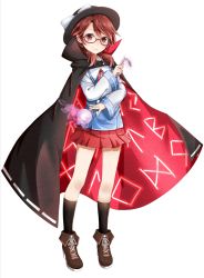 Rule 34 | 1girl, a (shbm), alternate costume, blush, boots, brown eyes, brown hair, brown socks, cape, cross-laced footwear, full body, glasses, hat, hat ribbon, kneehighs, lace-up boots, long sleeves, looking at viewer, low twintails, miniskirt, orb, red-framed eyewear, ribbon, school uniform, shirt, short hair, simple background, skirt, smile, socks, solo, spoon, touhou, twintails, usami sumireko, white background, wide sleeves