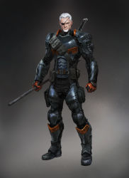 Rule 34 | 1boy, absurdres, armor, batman (series), belt, dc comics, deathstroke, eyepatch, facial hair, full body, gradient background, grieves, highres, looking at viewer, male focus, simple background, solo, sword, weapon, white hair
