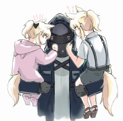 Rule 34 | 1other, 2girls, absurdres, aged down, ambiguous gender, animal ears, arknights, black bow, blemishine (arknights), blonde hair, blush, bow, carrying, carrying person, doctor (arknights), hair bow, highres, hood, hood up, hooded coat, horse ears, horse girl, horse tail, long hair, multiple girls, nearl (arknights), onesie, orange eyes, ponytail, seung-aeja, shorts, simple background, suspenders, tail, upper body, white background