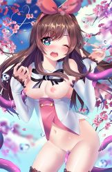 Rule 34 | 1girl, ;o, artist name, bare shoulders, black ribbon, blue eyes, blue sky, blurry, blush, bottomless, breasts, breasts out, brown hair, censored, cherry blossoms, cowboy shot, day, depth of field, detached collar, detached sleeves, groin, hair ribbon, heart, heart-shaped pupils, heart of string, highres, holding another&#039;s wrist, kizuna ai, kizuna ai inc., long hair, long sleeves, looking at viewer, medium breasts, mosaic censoring, multicolored hair, navel, neck ribbon, nipples, nose blush, one eye closed, open mouth, outdoors, pink hair, pink ribbon, ribbon, round teeth, sky, sleeves past wrists, solo, squchan, standing, stomach, sweat, symbol-shaped pupils, teeth, tentacles, thighs, two-tone hair, vaginal, virtual youtuber, water drop