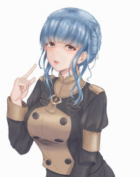 Rule 34 | 1girl, absurdres, black jacket, blue hair, braid, breasts, brown eyes, commentary request, crown braid, fire emblem, fire emblem: three houses, garreg mach monastery uniform, hand up, highres, index finger raised, izuminnu, jacket, long sleeves, looking at viewer, marianne von edmund, medium breasts, medium hair, nintendo, open mouth, partial commentary, simple background, solo, upper body, white background
