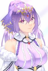 Rule 34 | 1girl, akapug621, bad id, bad pixiv id, breasts, commentary request, detached sleeves, dress, fate/grand order, fate (series), fur-trimmed sleeves, fur trim, hair between eyes, hair ribbon, large breasts, light smile, long hair, ponytail, purple dress, purple eyes, purple hair, purple ribbon, ribbon, scathach (fate), scathach skadi (fate), scathach skadi (third ascension) (fate), sleeveless, sleeveless dress, solo, upper body