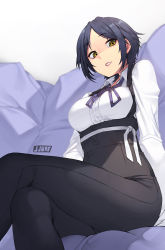 Rule 34 | 10s, 1girl, artist name, black hair, black pants, breasts, buttons, center frills, collared shirt, crossed legs, dress shirt, frills, gloves, hayami kanade, high-waist pants, high waisted pants, highres, idolmaster, idolmaster cinderella girls, jjune, lips, long sleeves, looking at viewer, medium breasts, neck ribbon, pants, parted bangs, parted lips, pink lips, purple ribbon, ribbon, sash, shirt, short hair, sitting, solo, suspenders, teeth, white gloves, white ribbon, white shirt, wing collar, yellow eyes