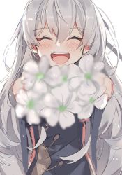 Rule 34 | 1girl, aogisa, blue dress, blurry, blush, bouquet, closed eyes, commentary request, depth of field, dress, flower, girls&#039; frontline, hair between eyes, highres, long hair, looking at viewer, messy hair, open mouth, ribeyrolles (girls&#039; frontline), silver hair, simple background, smile, solo, very long hair, wavy hair, white background