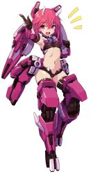 Rule 34 | 1girl, :d, alice gear aegis, armored boots, armpits, bare shoulders, black gloves, black thighhighs, boots, breasts, commentary request, elbow gloves, full body, gauntlets, gloves, groin, hair between eyes, hand up, headgear, highres, himukai rin, horns, index finger raised, karukan (monjya), looking at viewer, mecha musume, mechanical horns, mechanical wings, midriff, navel, notice lines, open mouth, red eyes, red hair, short hair, sidelocks, simple background, skindentation, small breasts, smile, solo, standing, standing on one leg, stomach, thighhighs, thrusters, white background, wings