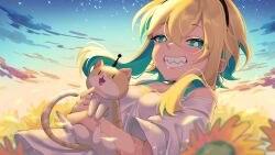 Rule 34 | amano pikamee, animal, black hairband, blonde hair, blush, breasts, bright pupils, cat, clenched teeth, cloud, colored inner hair, commentary, english commentary, field, flower, flower field, green eyes, green hair, green nails, hair between eyes, hairband, half-closed eyes, highres, holding, holding animal, holding cat, leaning back, lips, looking at viewer, making-of available, multicolored hair, off-shoulder shirt, off shoulder, outdoors, sharp teeth, shirt, short hair with long locks, short sleeves, sky, small breasts, smile, socks (amano pikamee), star (sky), starry sky, sunflower, sunflower field, teeth, virtual youtuber, voms, white pupils, white shirt, xeapher