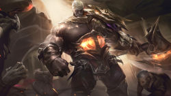 Rule 34 | 3boys, absurdres, backlighting, colored skin, creature, detached sleeves, glowing, grey hair, grey skin, high noon sion, highres, holding, horns, league of legends, multiple boys, muscular, muscular male, pants, short hair, single shoulder pad, sion, sion (league of legends), solo focus, wutu (1183238220)