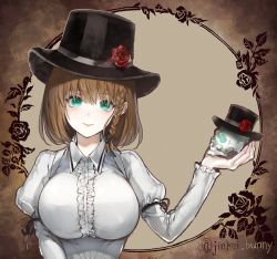 Rule 34 | 1girl, artist request, black hat, black ribbon, braid, breasts, brown background, brown hair, charlotte corday (fate), charlotte corday (third ascension) (fate), closed mouth, collared dress, commentary request, dress, fate/grand order, fate (series), flower, flower hat, green eyes, hair between eyes, hair ornament, hair ribbon, hat, holding, holding skull, juliet sleeves, large breasts, long sleeves, looking at viewer, puffy sleeves, red flower, red rose, ribbon, rose, short hair, single braid, skull, smile, solo, top hat, twitter username, white dress