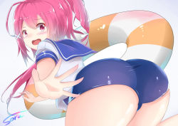 Rule 34 | 10s, 1girl, ass, blush, commentary request, highres, i-168 (kancolle), innertube, kantai collection, one-piece swimsuit, open mouth, pink eyes, pink hair, school swimsuit, school uniform, serafuku, short sleeves, solo, sora (silent square), swim ring, swimsuit, swimsuit under clothes, wavy mouth