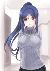 Rule 34 | 1girl, arms behind back, black pants, blue hair, blurry, blurry background, breasts, covered erect nipples, door, frapowa, grey shirt, high ponytail, indoors, jewelry, large breasts, long hair, long sleeves, looking at viewer, love live!, love live! sunshine!!, matsuura kanan, pants, pendant, ponytail, purple eyes, ribbed shirt, ribbed sleeves, shirt, sidelocks, smile, solo, turtleneck, upper body