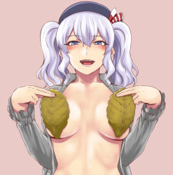 Rule 34 | 10s, 1girl, beret, black hat, blue eyes, blush, bow, breasts, collarbone, covering breasts, covering privates, eyebrows, fingernails, grey shirt, hair between eyes, hat, hat bow, holding, holding leaf, ishii hisao, kantai collection, kashima (kancolle), large breasts, leaf, long sleeves, no bra, open clothes, open shirt, pun, shirt, short hair, short twintails, silver hair, solo, tsurime, twintails, upper body, wavy hair