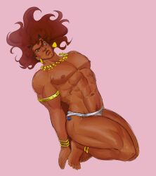 Rule 34 | 1boy, abs, absurdres, bara, battle tendency, bulge, dark-skinned male, dark skin, demonicboimike, floating hair, full body, gold, head tilt, highres, jojo no kimyou na bouken, large pectorals, long hair, looking at viewer, male focus, male pubic hair, mature male, muscular, muscular male, navel, nipples, pectorals, pink background, pubic hair, red hair, santana (jojo), solo, stomach, thick eyebrows, thick lips, thick thighs, thighs, topless male