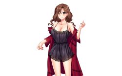 Rule 34 | 1girl, babydoll, bare shoulders, blush, breasts, brown eyes, brown hair, cleavage, closed mouth, coat, feet out of frame, female focus, game cg, gyaruzuma anri no netorase play, hair between eyes, hand up, happy, kisaragi kanna, large breasts, legs, lingerie, long hair, looking at viewer, matching hair/eyes, nail polish, off-shoulder coat, off shoulder, original, red nails, simple background, smile, solo, standing, thighs, transparent background, underwear