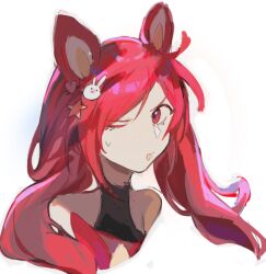 Rule 34 | 1girl, animal ears, bare shoulders, cheese (chisi64726930), cropped shoulders, fake animal ears, hair ornament, heart, heart hair ornament, jinx (league of legends), league of legends, long hair, one eye closed, rabbit hair ornament, red eyes, red hair, simple background, solo, star (symbol), star guardian (league of legends), star guardian jinx, star hair ornament, sweatdrop, twintails, white background