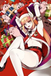 Rule 34 | 1girl, alternate costume, animal, armlet, armpits, belt, belt buckle, black belt, black footwear, blonde hair, box, buckle, christmas, circe (fate), commentary, english commentary, fate/grand order, fate (series), fur-trimmed gloves, fur-trimmed headwear, fur-trimmed skirt, fur trim, gift, gift box, gloves, hat, highres, holding, holding gift, long hair, looking at viewer, midriff, monkey jon, multicolored hair, open mouth, pig, pink eyes, pink hair, pointy ears, red gloves, red headwear, red skirt, santa hat, shoes, skirt, smile, thighhighs, thighs, white thighhighs, wing hair ornament