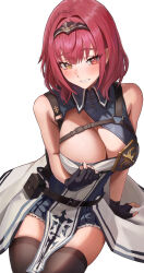 Rule 34 | 1girl, absurdres, arm support, black gloves, breasts, brown thighhighs, cleavage, commentary request, cosplay, fingerless gloves, gloves, headpiece, heterochromia, highres, hololive, houshou marine, kobayashi (jna x rgh), large breasts, looking at viewer, red eyes, shirogane noel, shirogane noel (1st costume), shirogane noel (cosplay), short hair, simple background, smile, solo, thighhighs, virtual youtuber, white background, yellow eyes