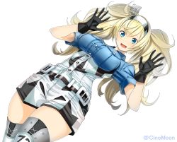 Rule 34 | 1girl, belt, blonde hair, blue eyes, blue shirt, blush, breast pocket, breasts, buttons, collared shirt, eyelashes, gambier bay (kancolle), gloves, hairband, highres, kantai collection, long hair, medium breasts, multicolored clothes, multicolored gloves, open mouth, pocket, shinomu (cinomoon), shirt, short sleeves, shorts, simple background, solo, sweat, twintails, twitter username, wavy mouth, white background